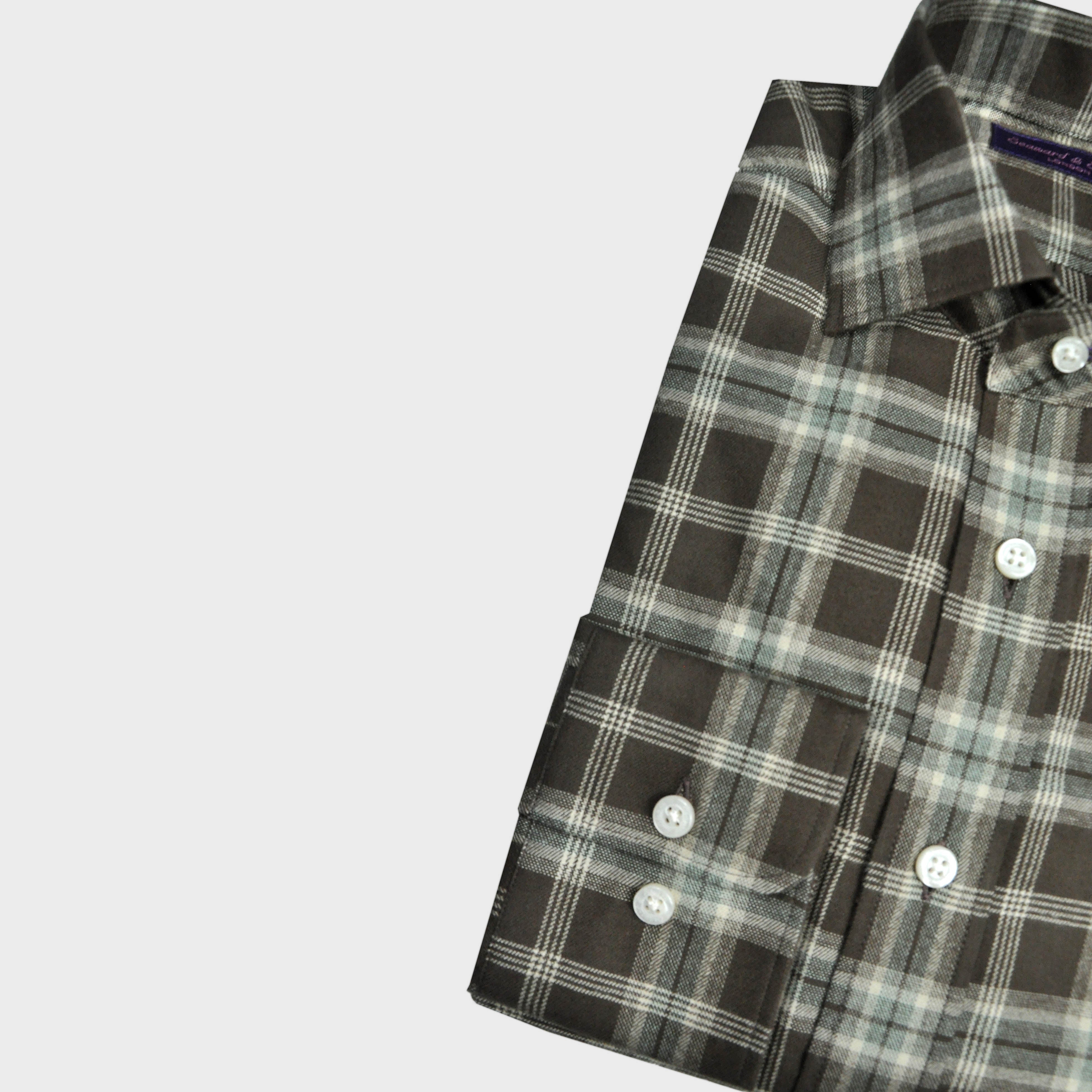 Brushed Cotton Spread Collar Check Shirt in Brown & Beige
