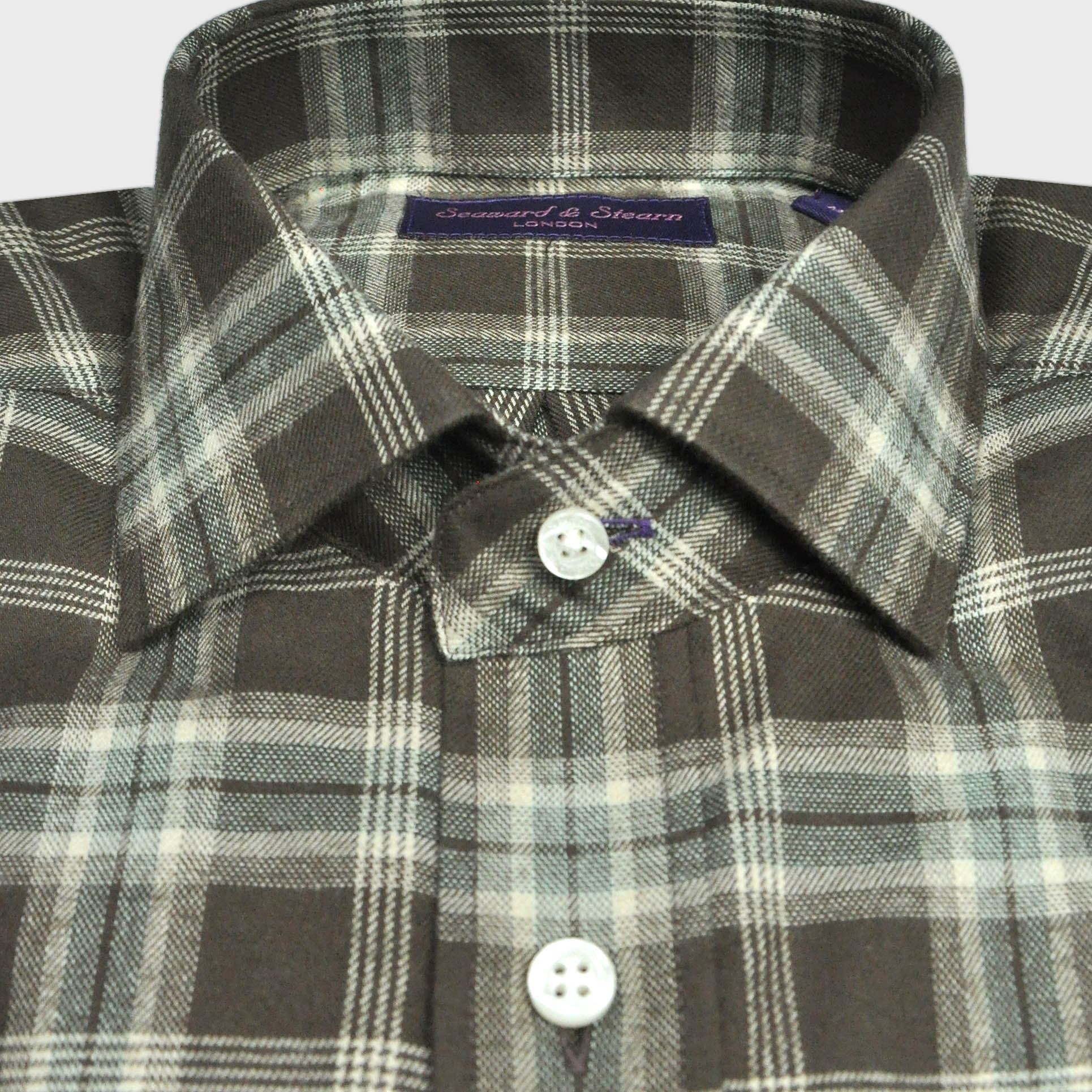 Brushed Cotton Spread Collar Check Shirt in Brown & Beige