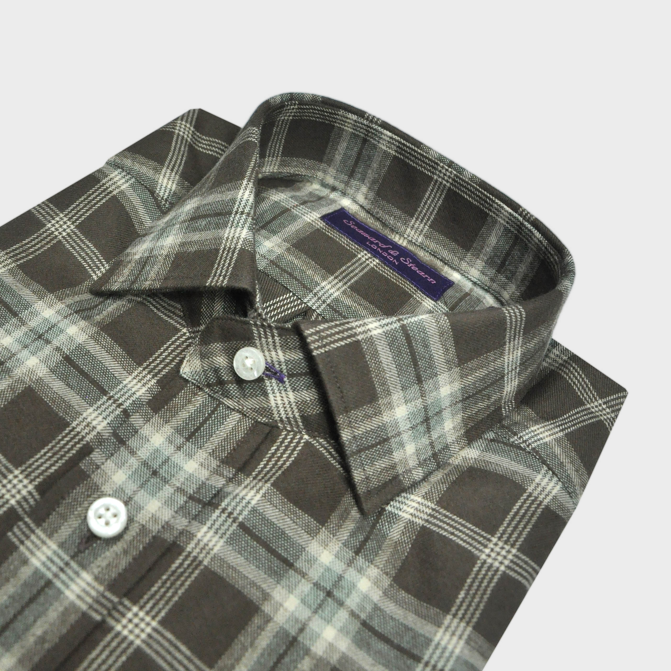 Brushed Cotton Spread Collar Check Shirt in Brown & Beige