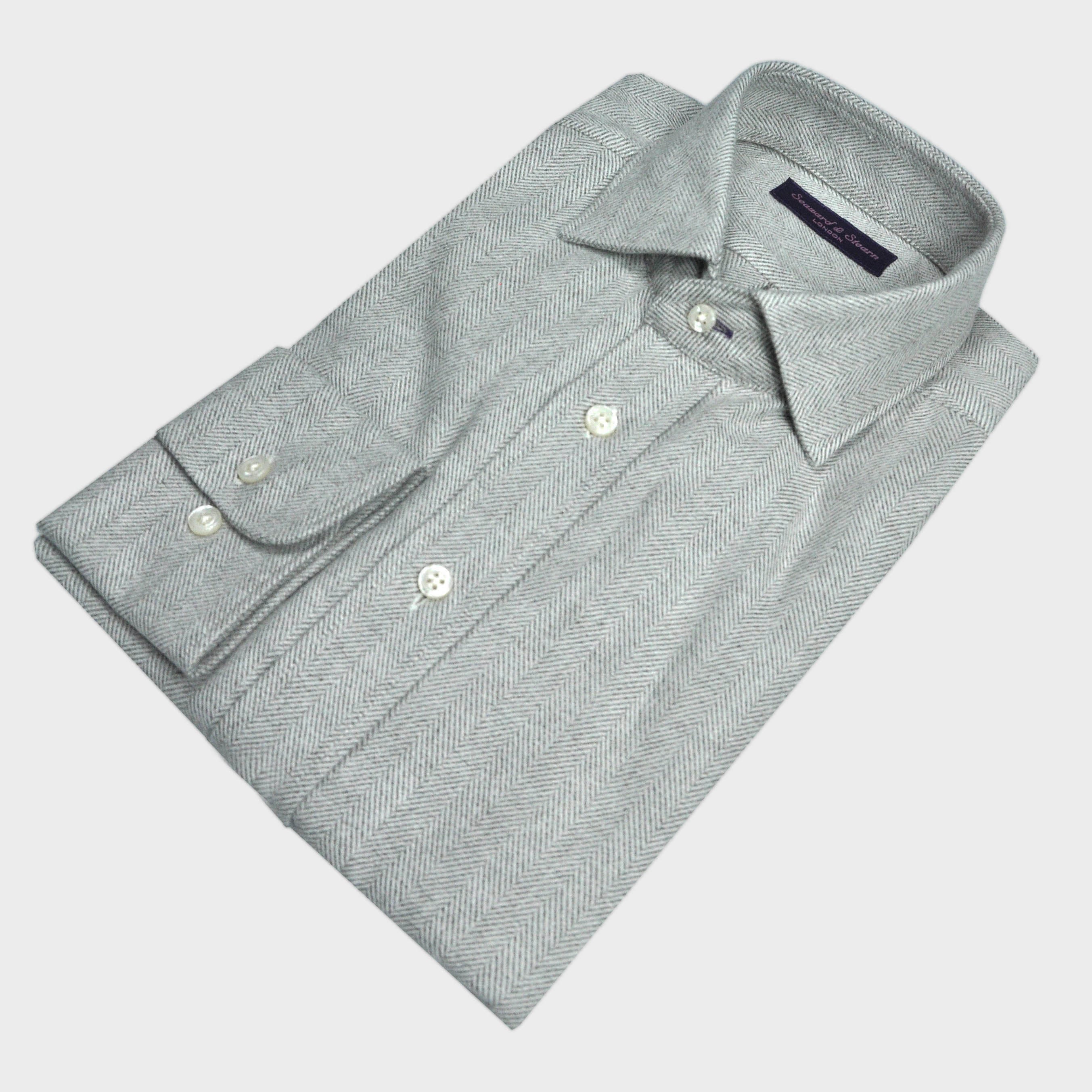 Heavyweight Brushed Cotton Spread Collar Herringbone Shirt in Grey