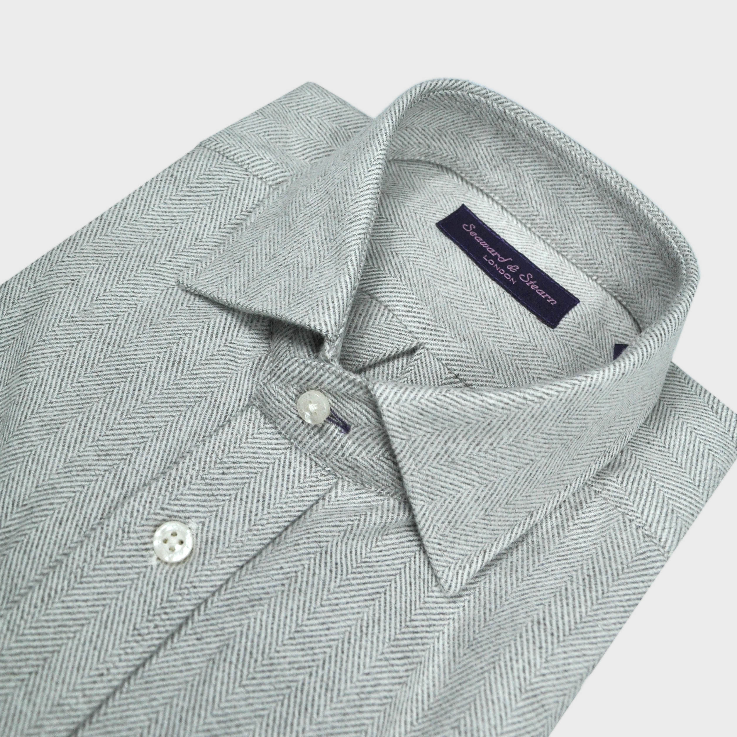 Heavyweight Brushed Cotton Spread Collar Herringbone Shirt in Grey
