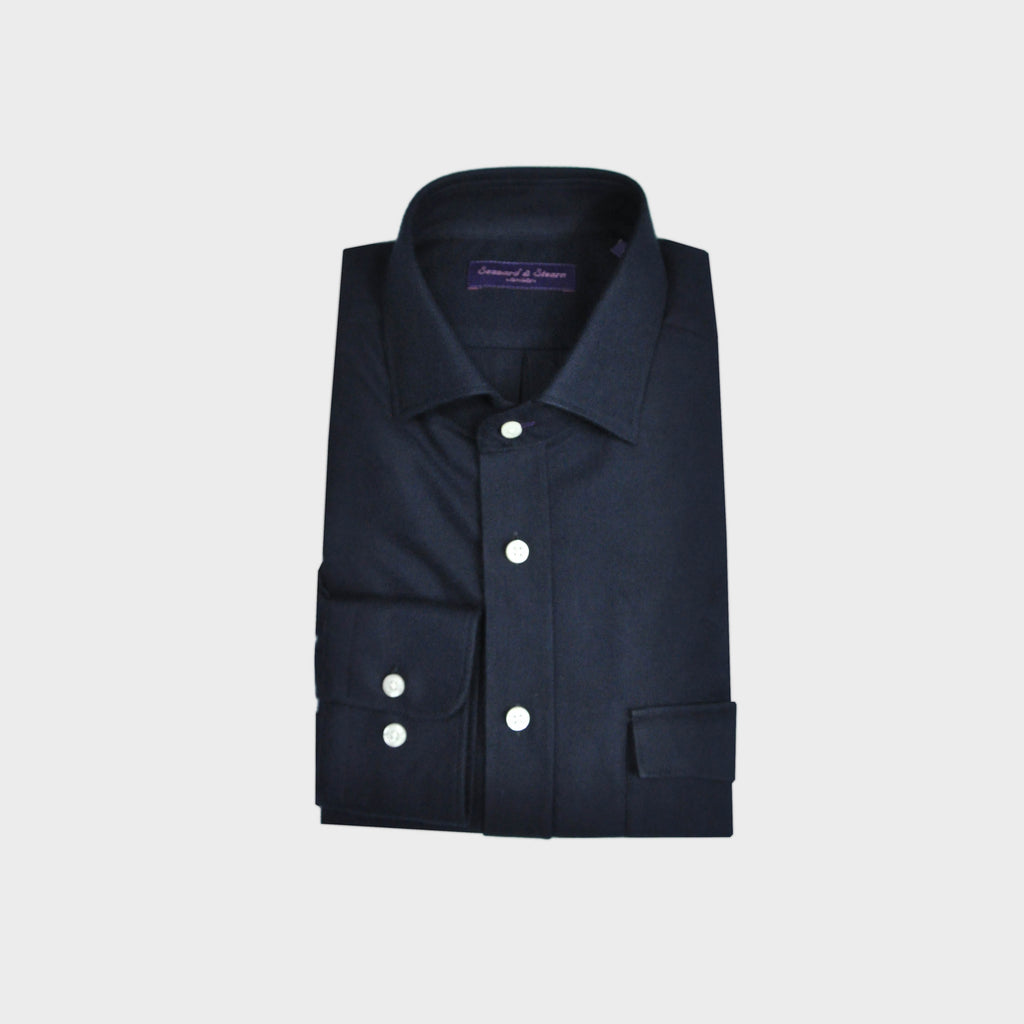 Heavyweight Brushed Cotton Spread Collar Shirt with Button Breast Pocket in Dark Blue