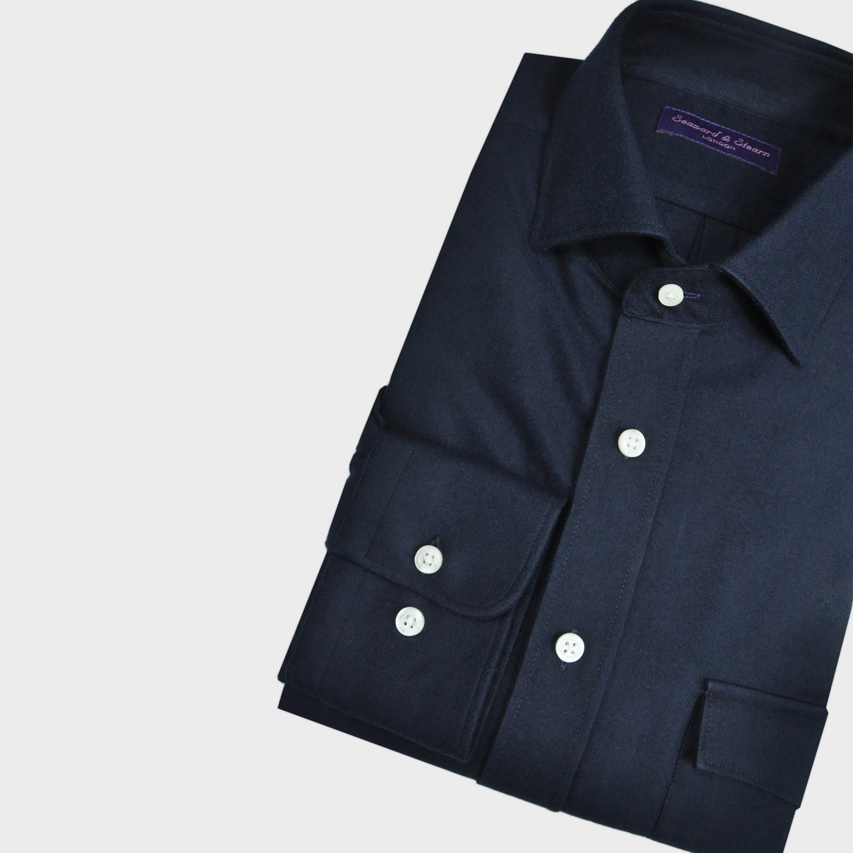 Heavyweight Brushed Cotton Spread Collar Shirt with Button Breast Pocket in Dark Blue