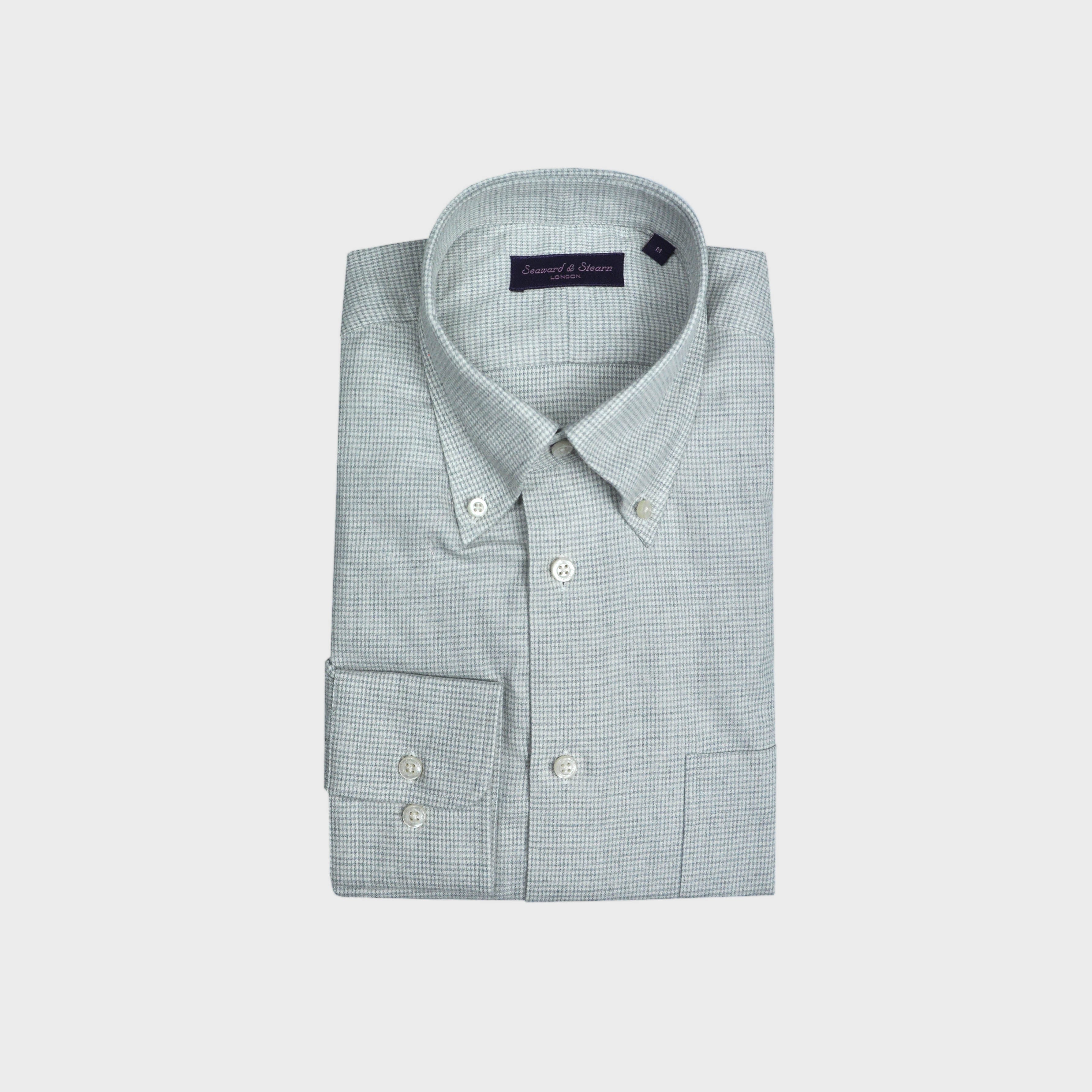 Brushed Cotton Button Down Micro Puppy Check Shirt in Grey
