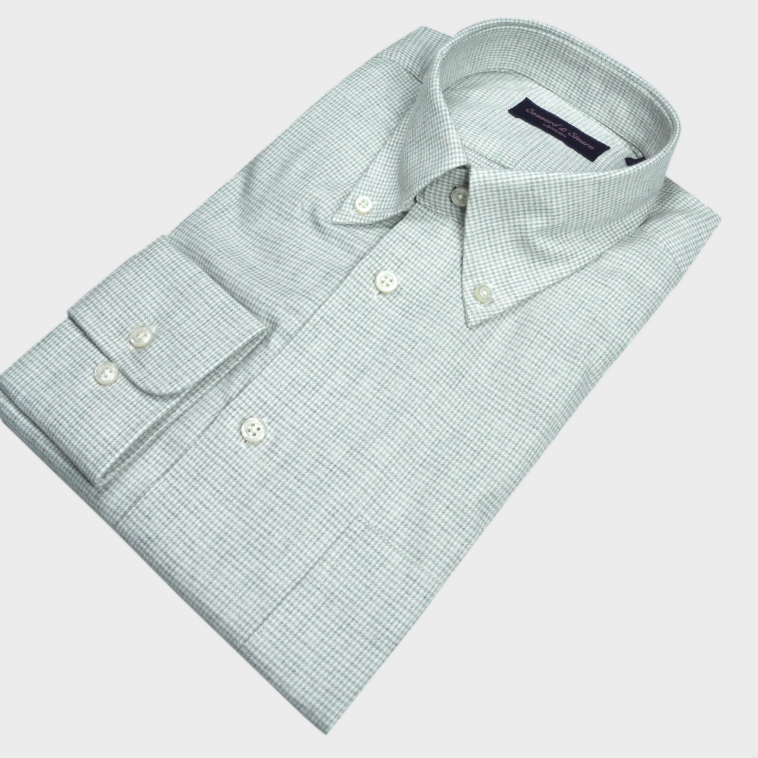 Brushed Cotton Button Down Micro Puppy Check Shirt in Grey