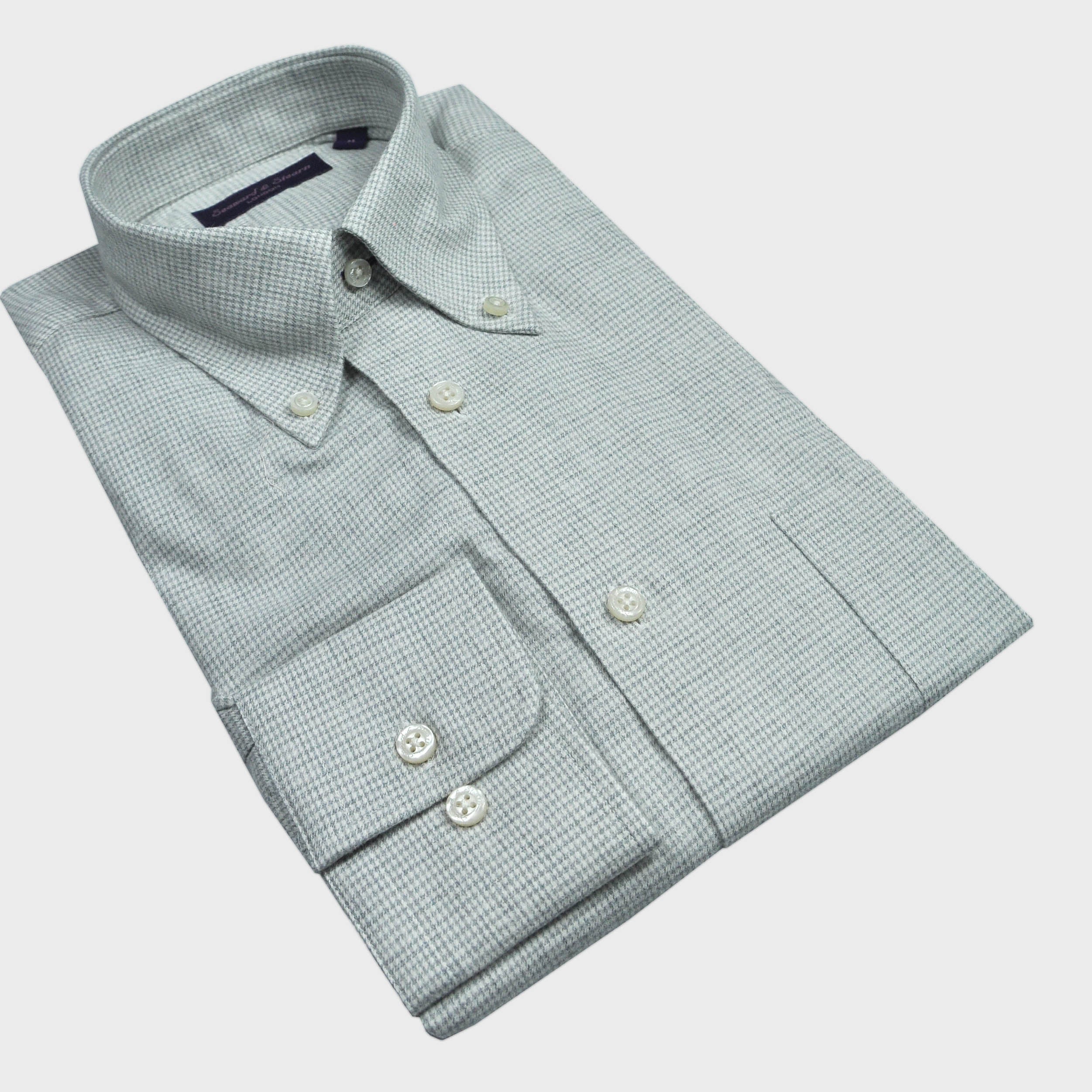 Brushed Cotton Button Down Micro Puppy Check Shirt in Grey