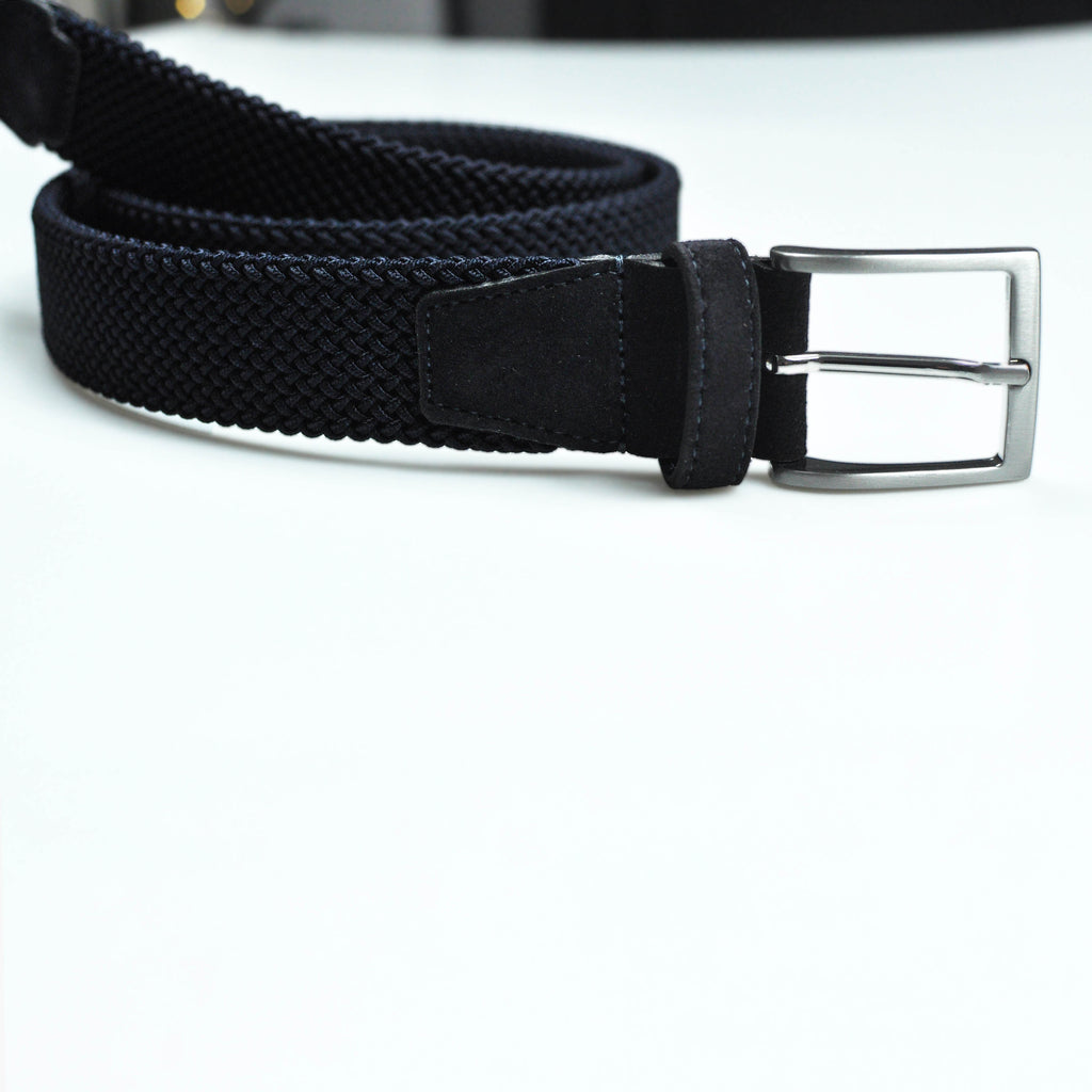 Navy Blue Woven Belt with Blue Suede Trim & Brass Buckle