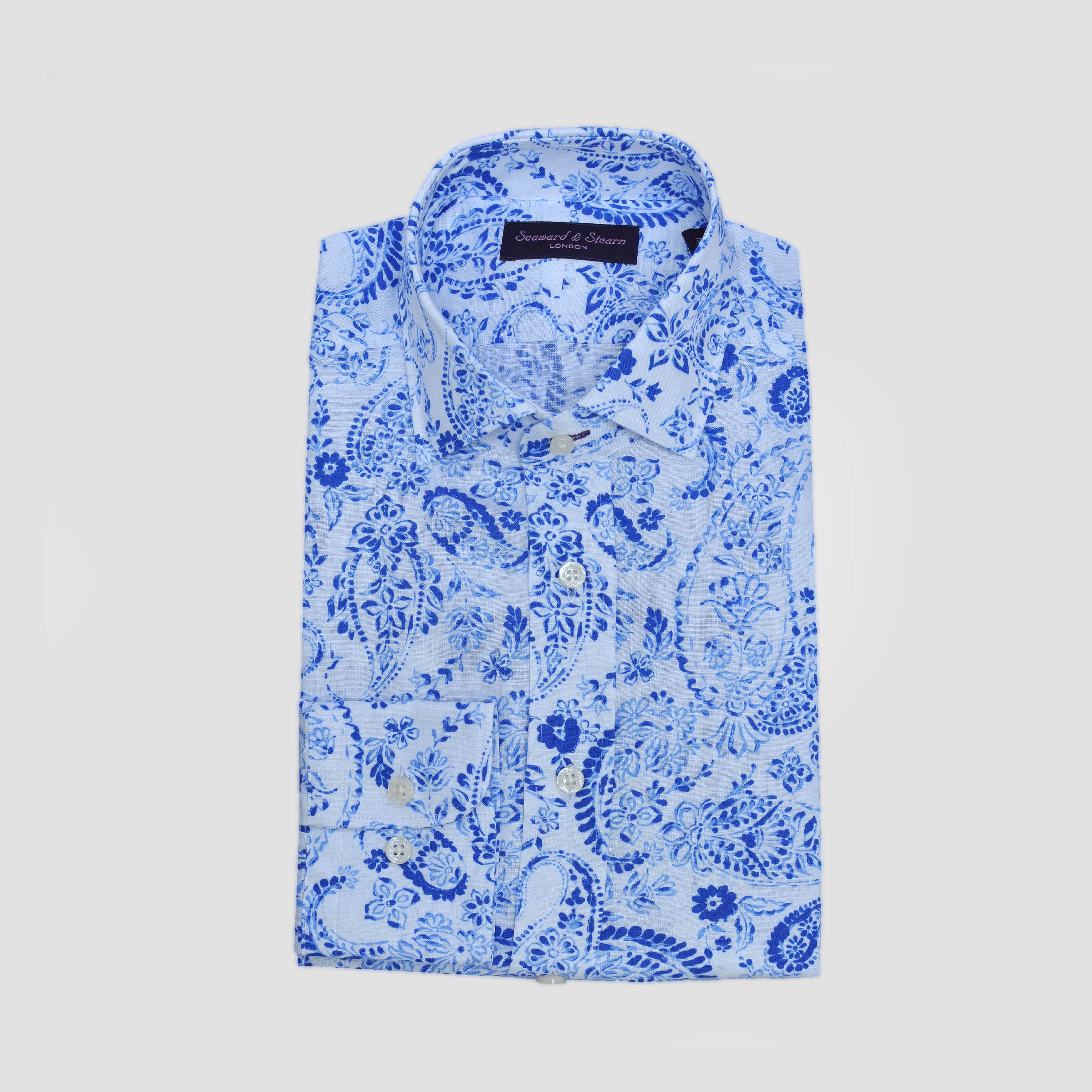 Spread Collar Paisley Linen Shirt in Blue & White