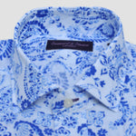 Spread Collar Paisley Linen Shirt in Blue & White