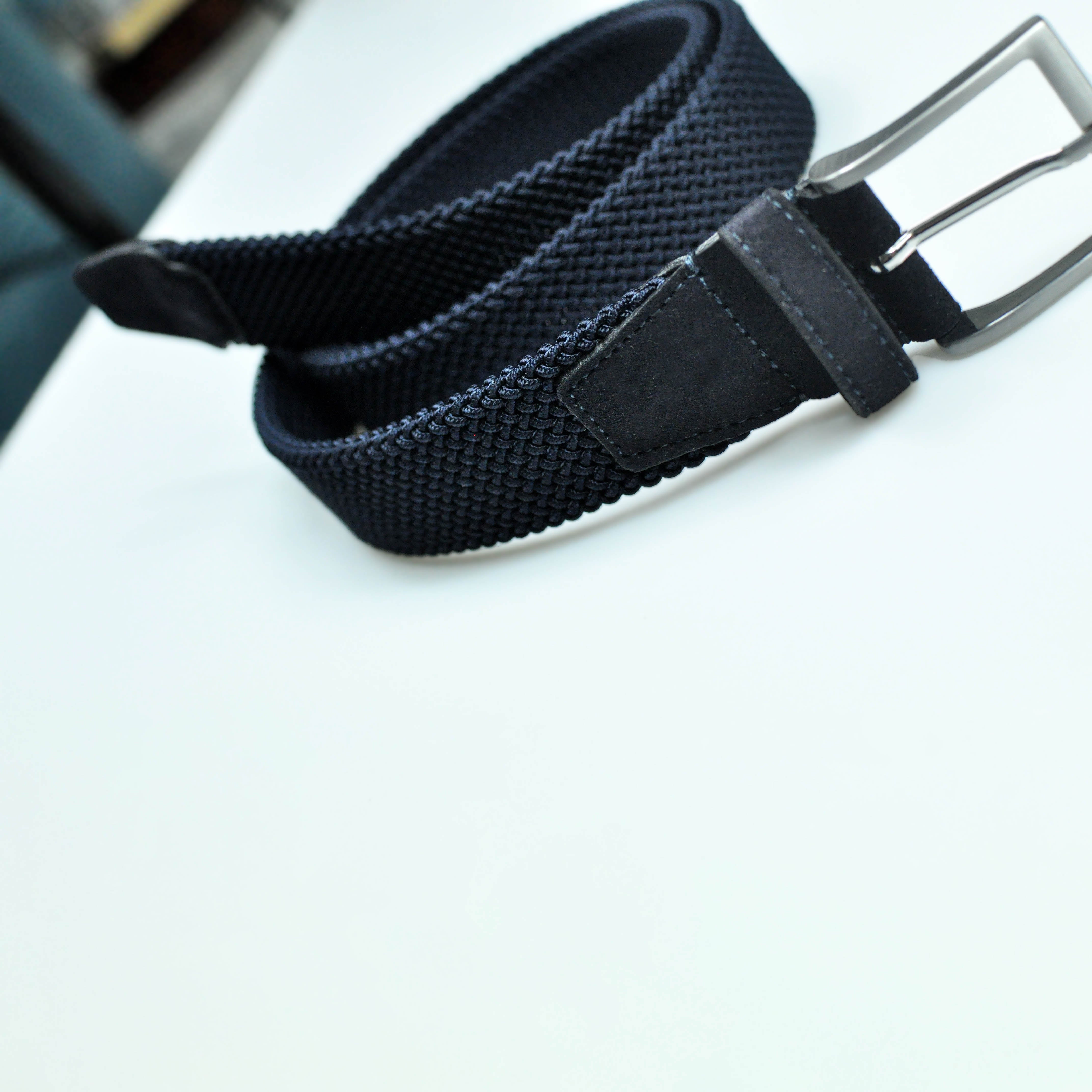 Navy Blue Woven Belt with Blue Suede Trim & Brass Buckle