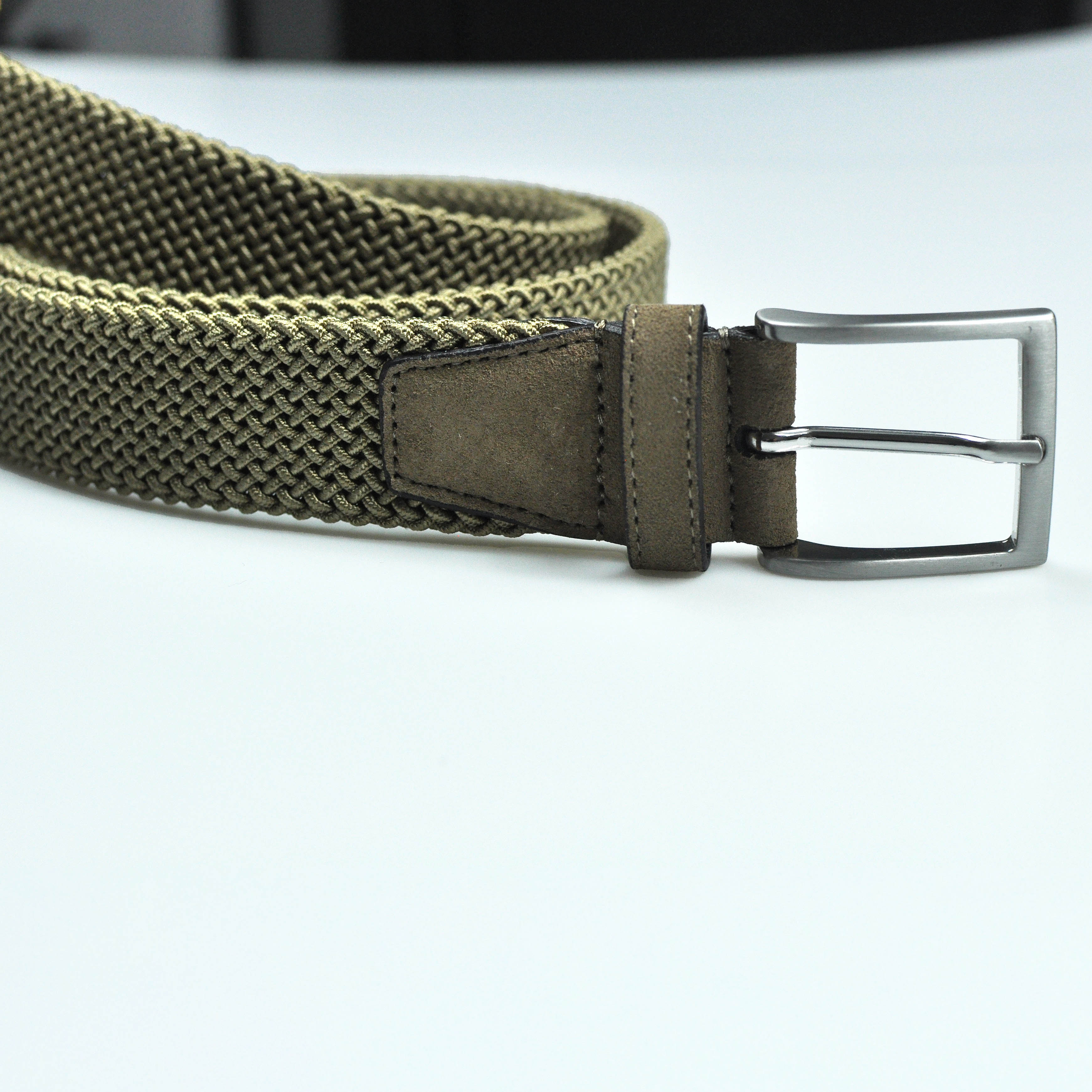 Olive Green Woven Belt with Olive Green Suede Trim & Brass Buckle