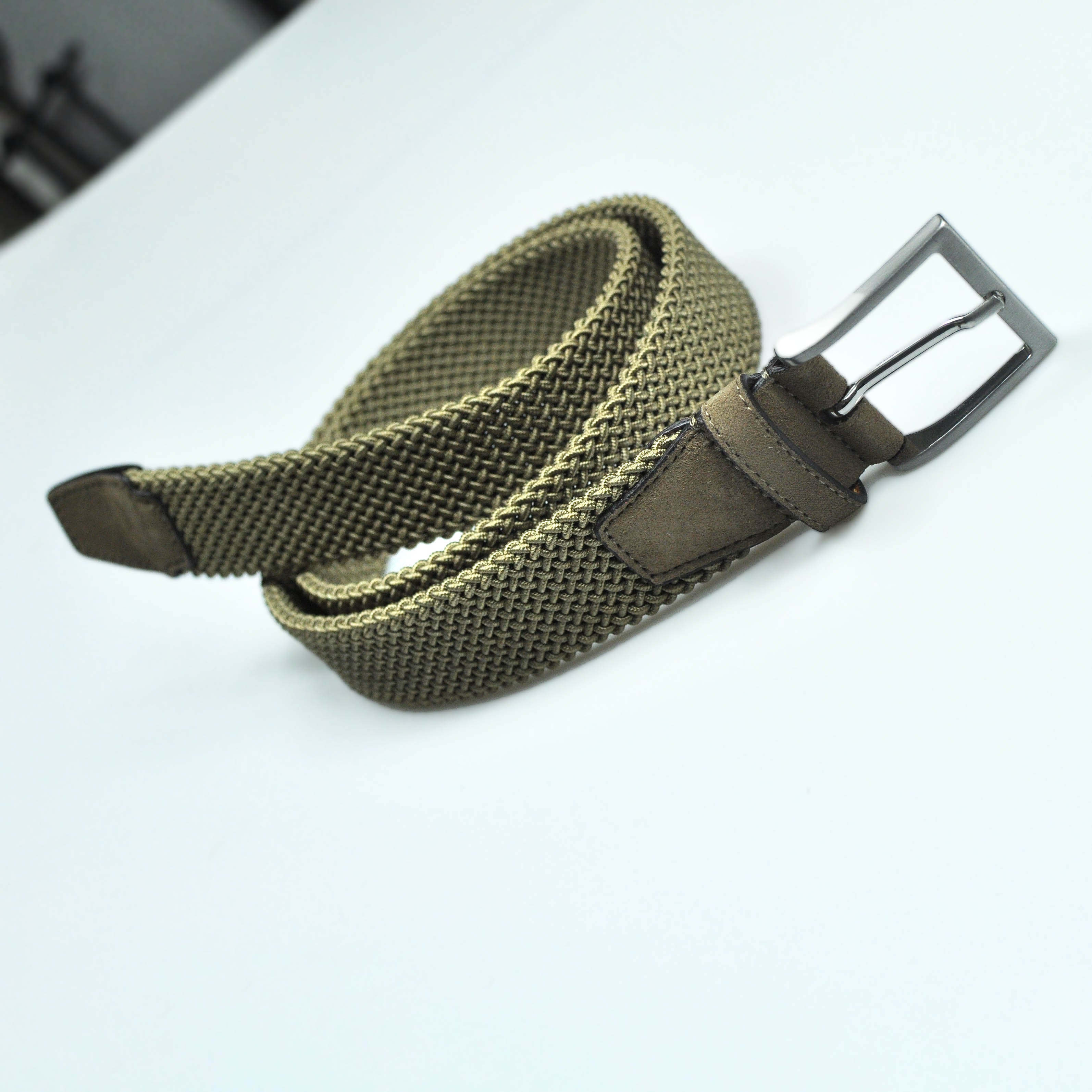 Olive Green Woven Belt with Olive Green Suede Trim & Brass Buckle