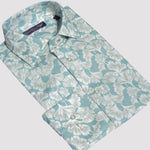 Spread Collar Floral Linen Shirt in Light Teal