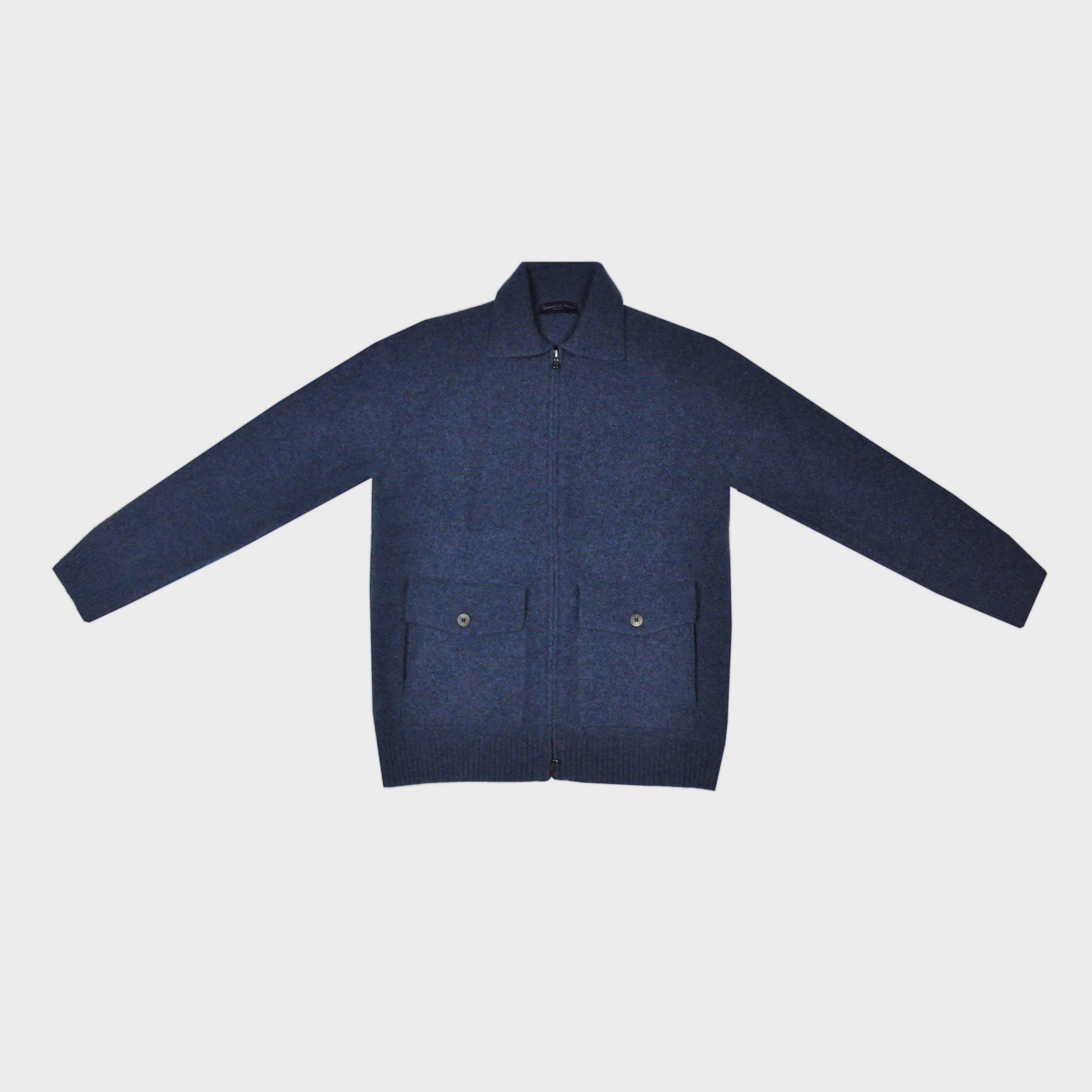 Wool Bomber Zip Cardigan in Denim Blue