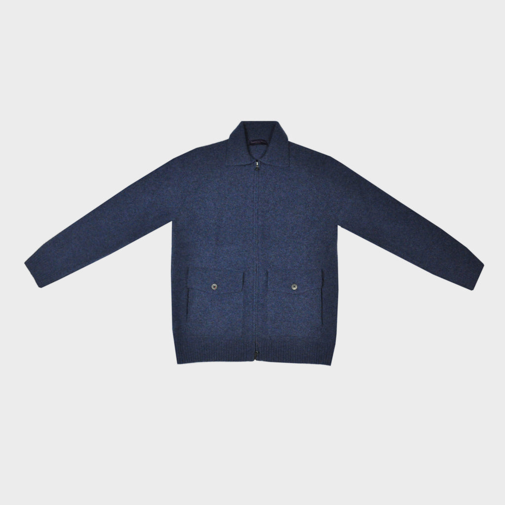 Wool Bomber Zip Cardigan in Denim Blue
