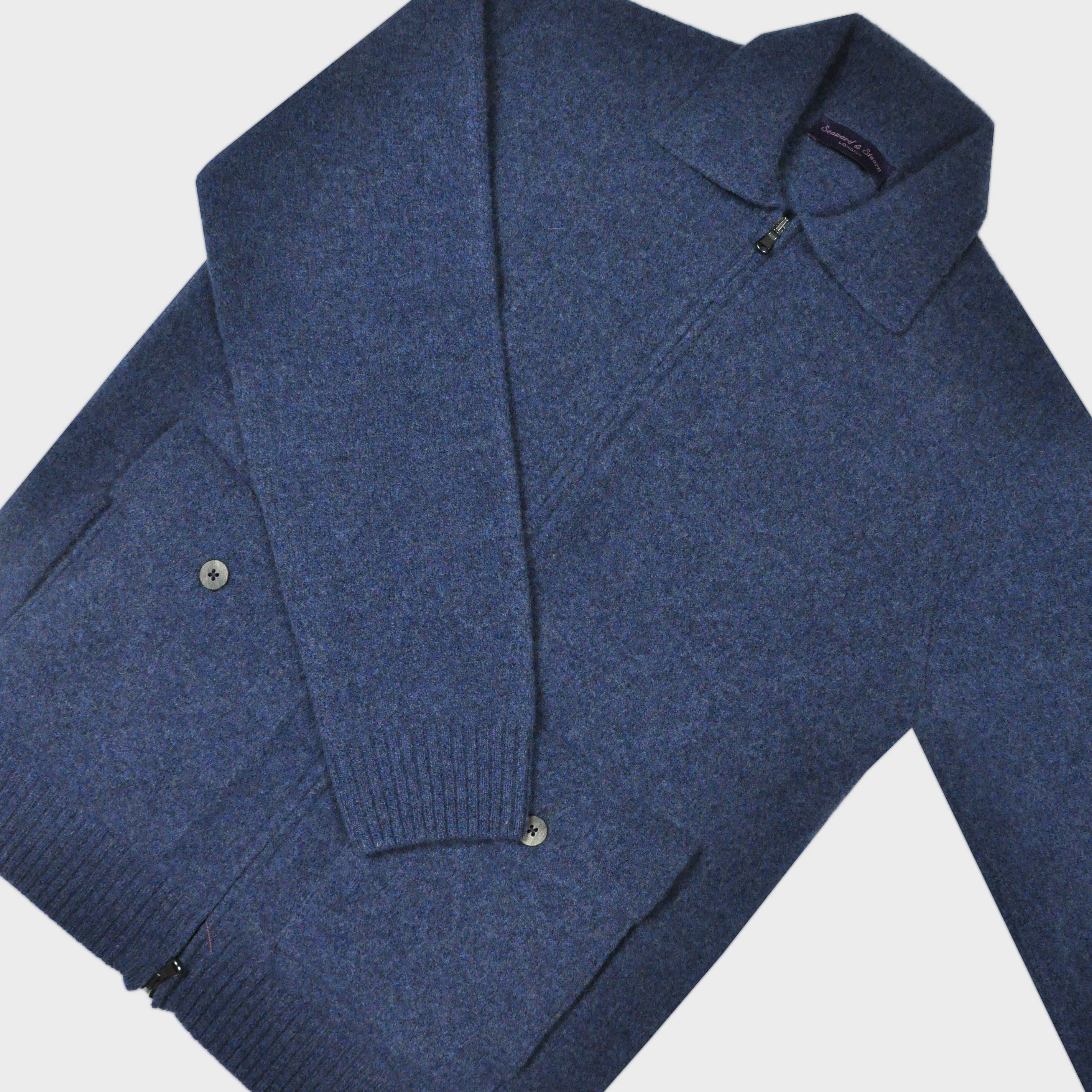 Wool Bomber Zip Cardigan in Denim Blue