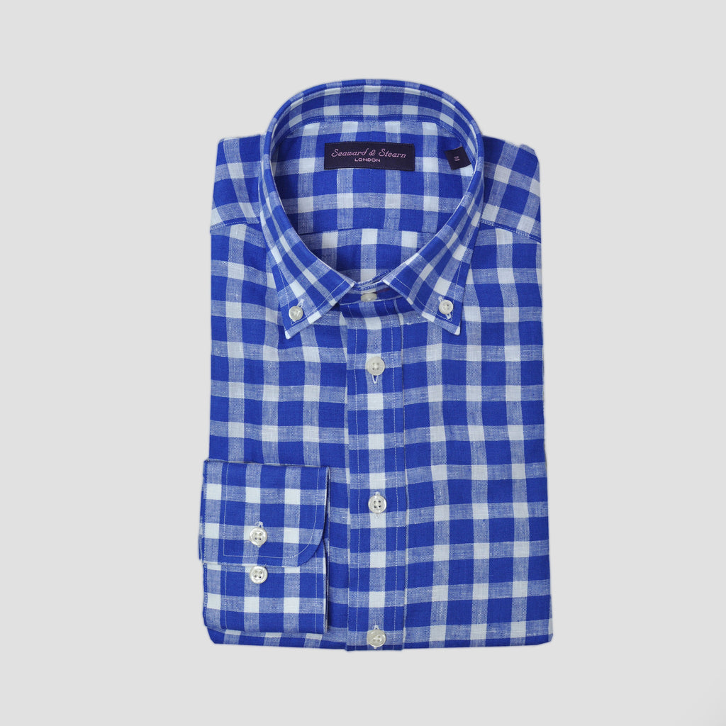 Linen Button Down Gingham Shirt in Royal Blue