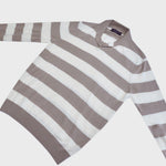 Fine Cotton Long Sleeve Knitted Striped Polo in Beige
