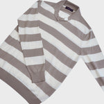 Fine Cotton Long Sleeve Knitted Striped Polo in Beige