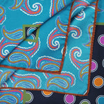 Hoops with Paisley Border English Silk Pocket Square in Teal & Blue & Orange