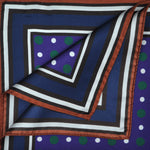 Dots with Stripe Border English Silk Pocket Square in Blue & Green & Brown
