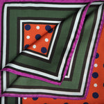 Dots with Stripe Border English Silk Pocket Square in Orange & Green & Blue