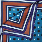 Dots with Stripe Border English Silk Pocket Square in Blue & Purple & Rusty Brown