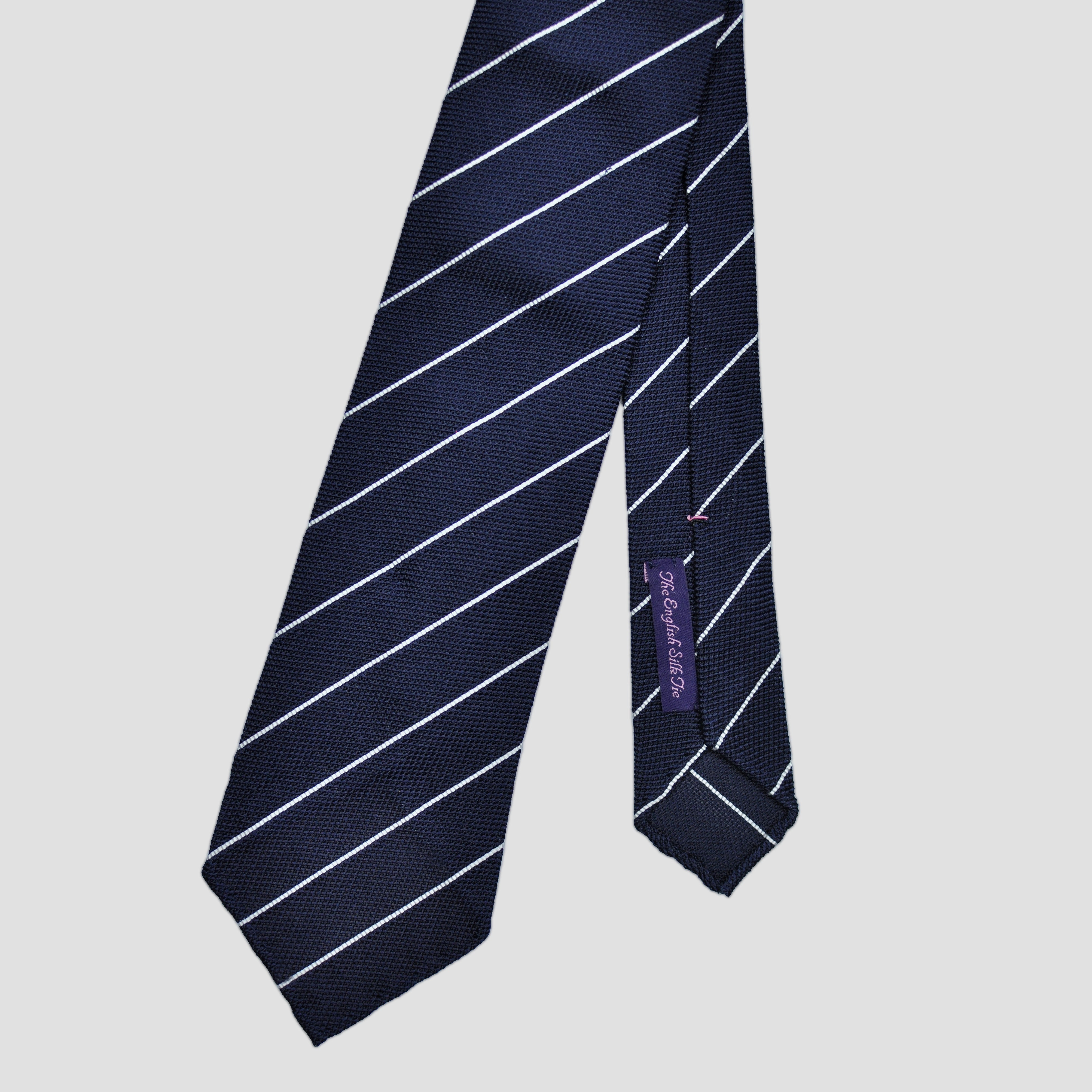 Pin Stripe Handrolled Grenadine Silk Tie in Navy & White