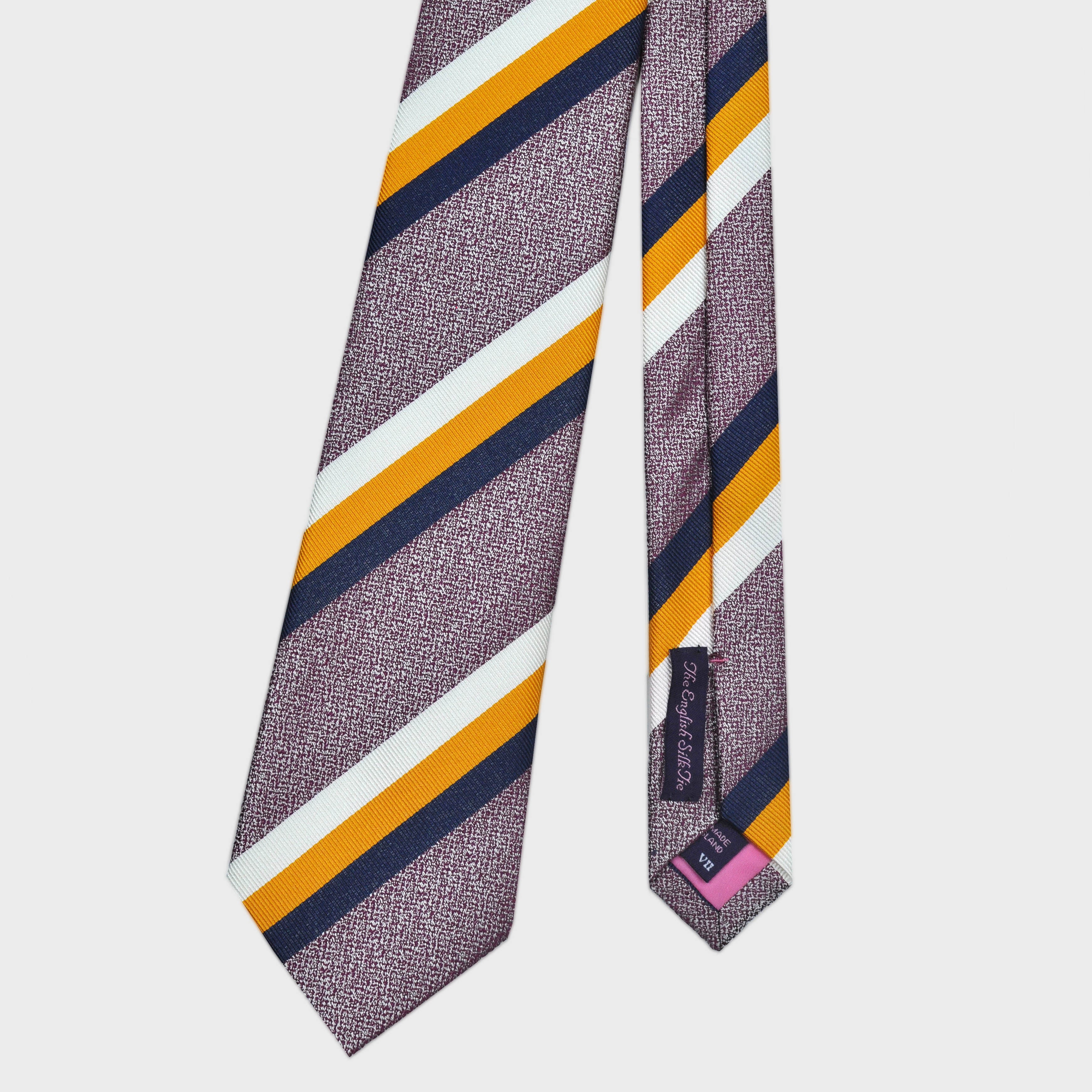 Blue, Yellow & White Reppe Stripes on Mottled Claret Tussah Silk Tie