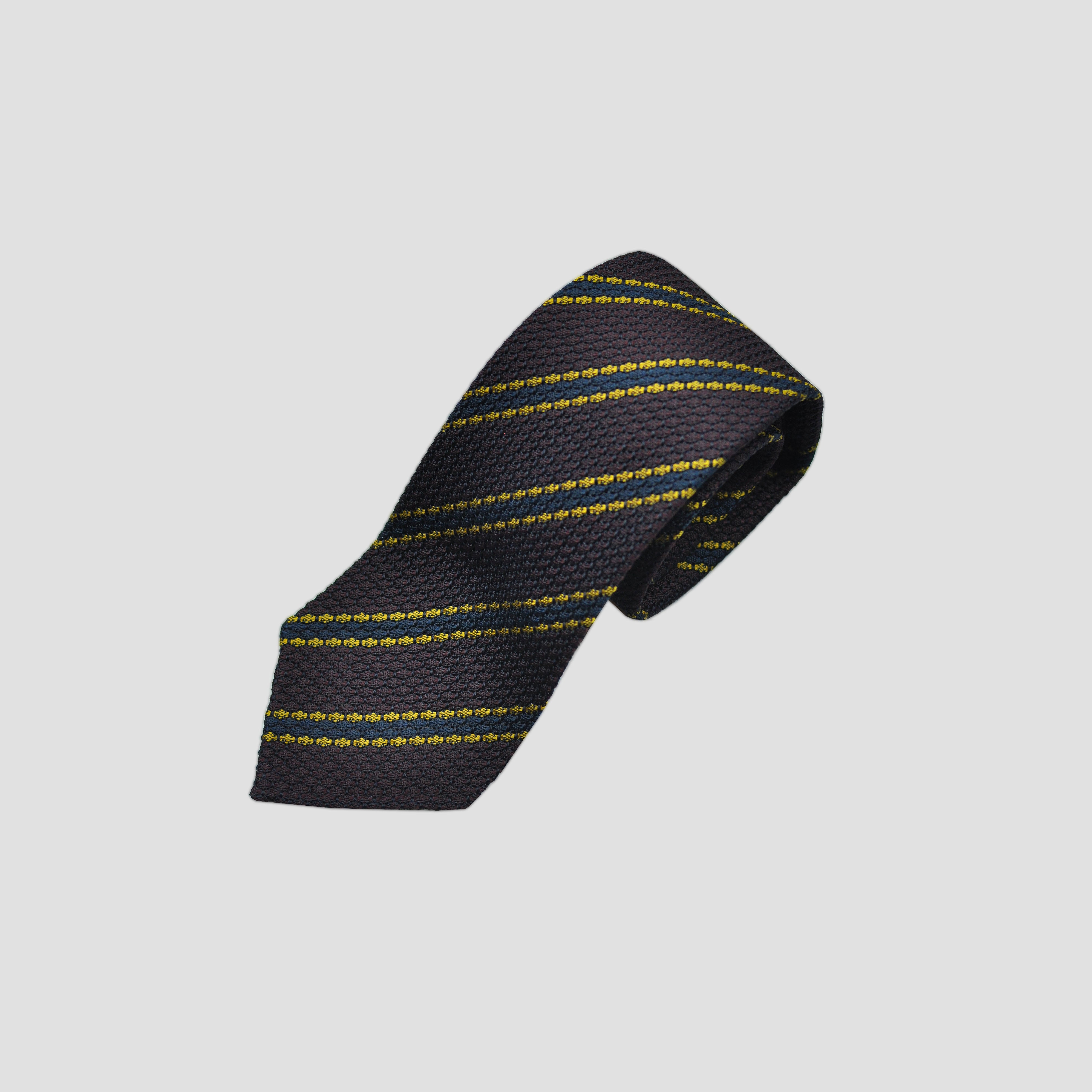 Neat Stripes Handrolled Grenadine Silk Tie in Brown, Blue & Yellow