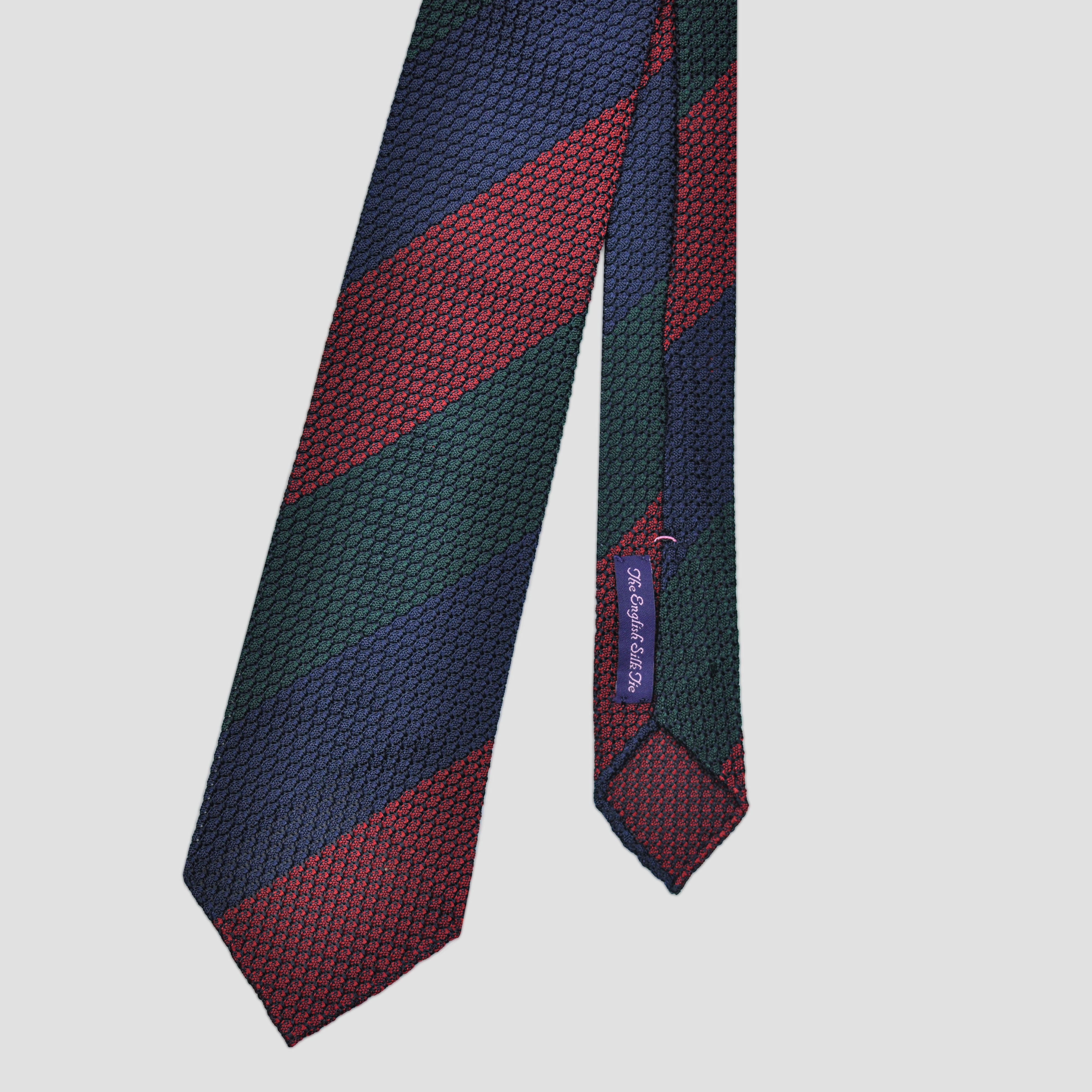 Bold Stripes Handrolled Grenadine Silk Tie in Navy, Green & Claret