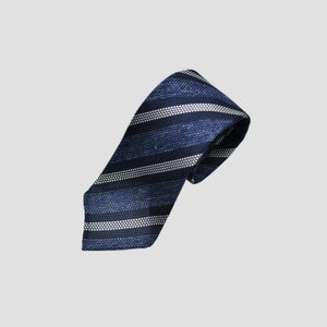 Neat Stripes Handrolled Grenadine Silk Tie in Mottled Blue, Navy & Grey