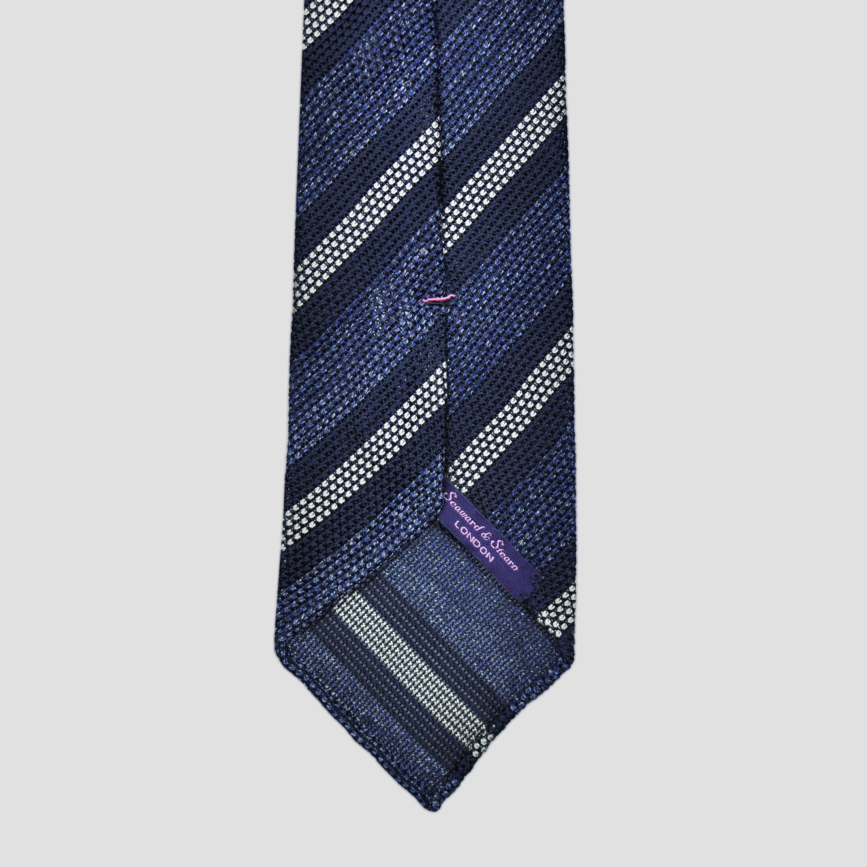 Neat Stripes Handrolled Grenadine Silk Tie in Mottled Blue, Navy & Grey