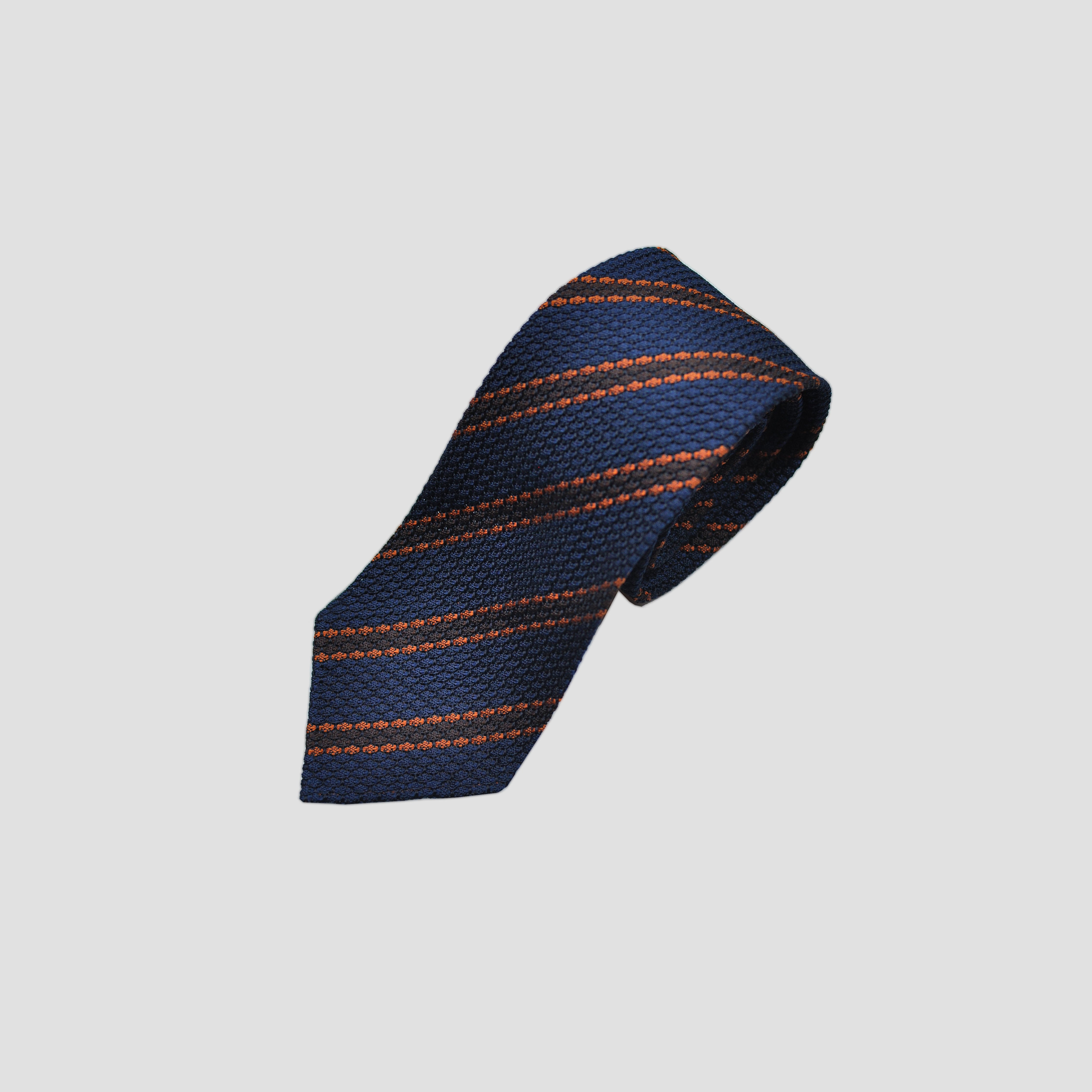 Neat Stripes Handrolled Grenadine Silk Tie in Blue, Brown & Copper
