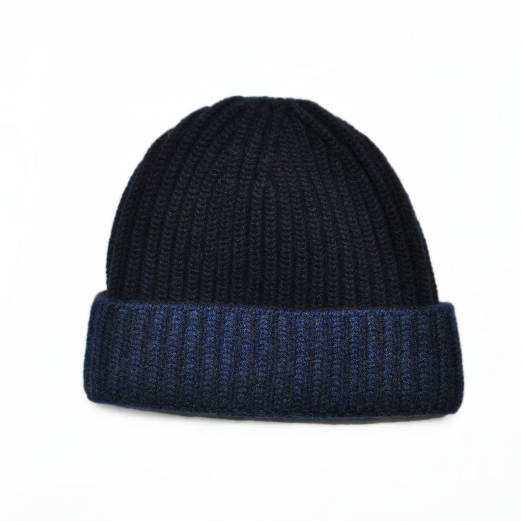 Four Ply Cashmere Winter Beanie in Navy & Dark Denim Blue