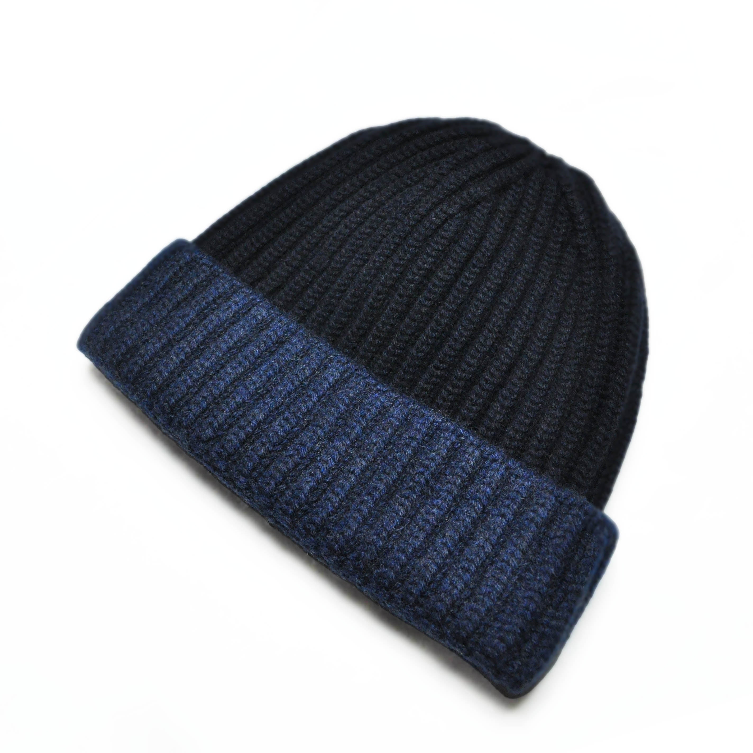 Four Ply Cashmere Winter Beanie in Navy & Dark Denim Blue