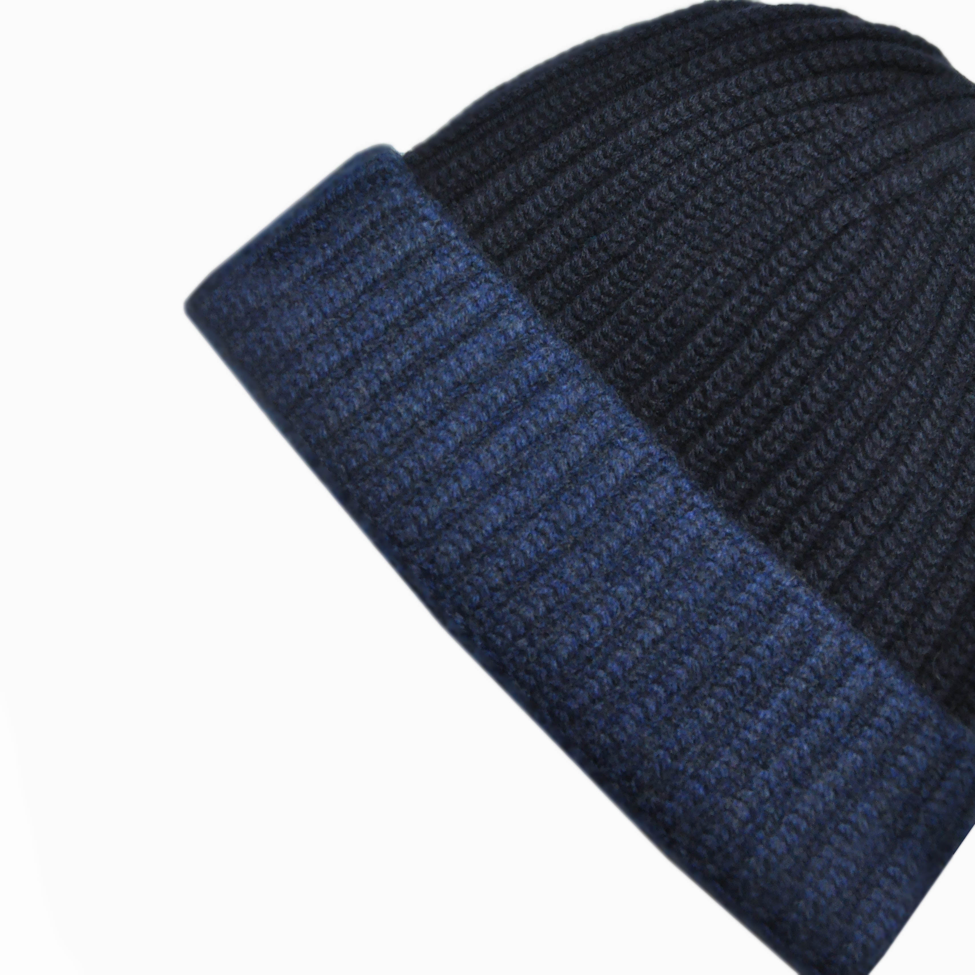 Four Ply Cashmere Winter Beanie in Navy & Dark Denim Blue