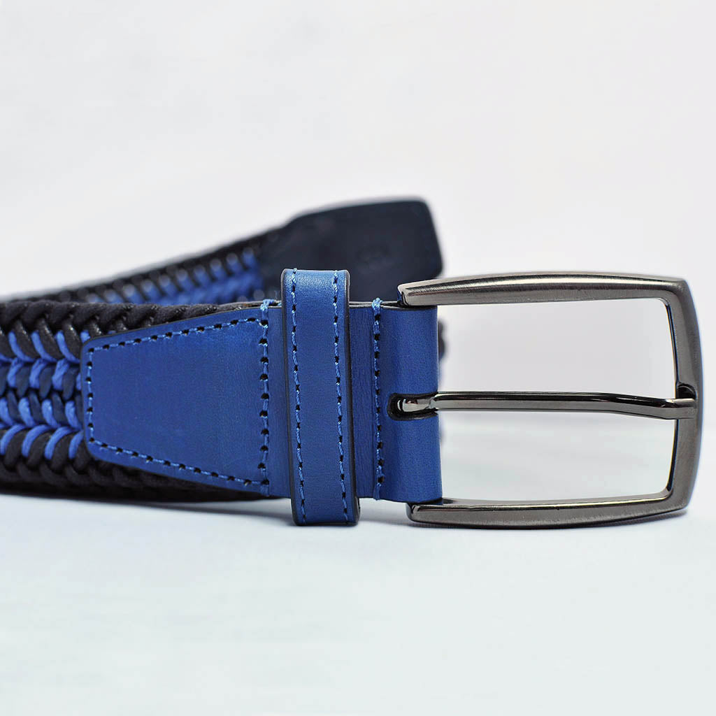 Midnight & Royal Blue Woven Belt with Leather Trim & Brass Buckle