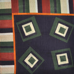 Stripes & Geometrics Wool Silk & Pocket Square in Navy, Green & Rusty Brown
