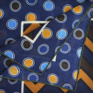 Chevrons & Spots Wool & Silk Pocket Square in Blue, Brown, Ochre & Navy