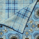 Medallions & Window Panes Reversible Panama Silk Pocket Square in Light Blue, Navy Blue & Beige