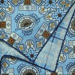 Medallions & Window Panes Reversible Panama Silk Pocket Square in Light Blue, Navy Blue & Beige