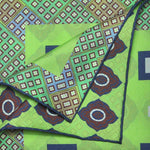 Geo's & Medallions & Florets Reversible Panama Silk Pocket Square in Lime, Brown & Blue