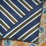 Flowers & Stripes Reversible Panama Silk Pocket Square in Peach, Navy Blue & Brown