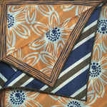 Flowers & Stripes Reversible Panama Silk Pocket Square in Peach, Navy Blue & Brown