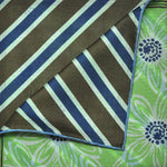 Flowers & Stripes Reversible Panama Silk Pocket Square in Green, Navy Blue & Brown