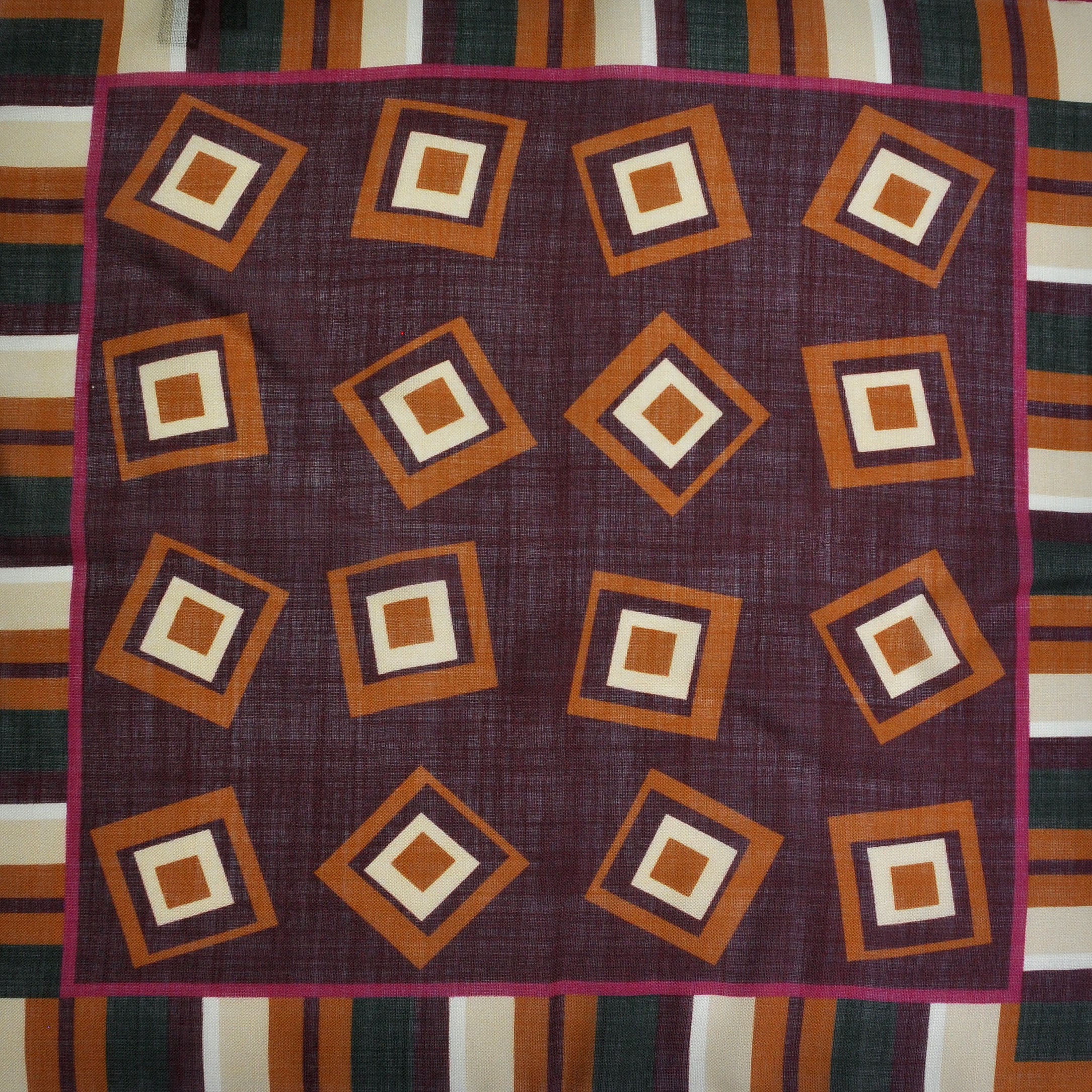 Stripes & Geometrics Wool & Silk Pocket Square in Claret, Ochre & Green