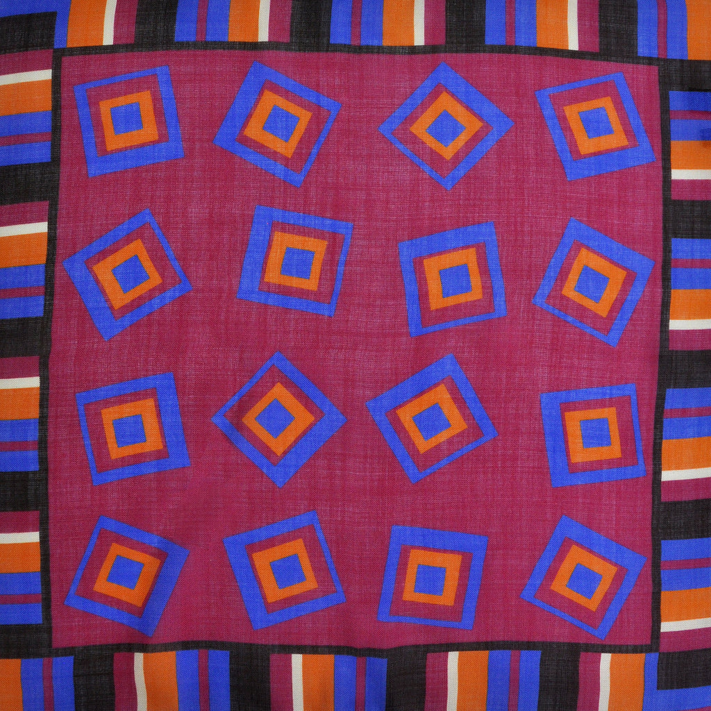 Stripes & Geometrics Wool & Silk Pocket Square in Burgundy, Ochre & Blue