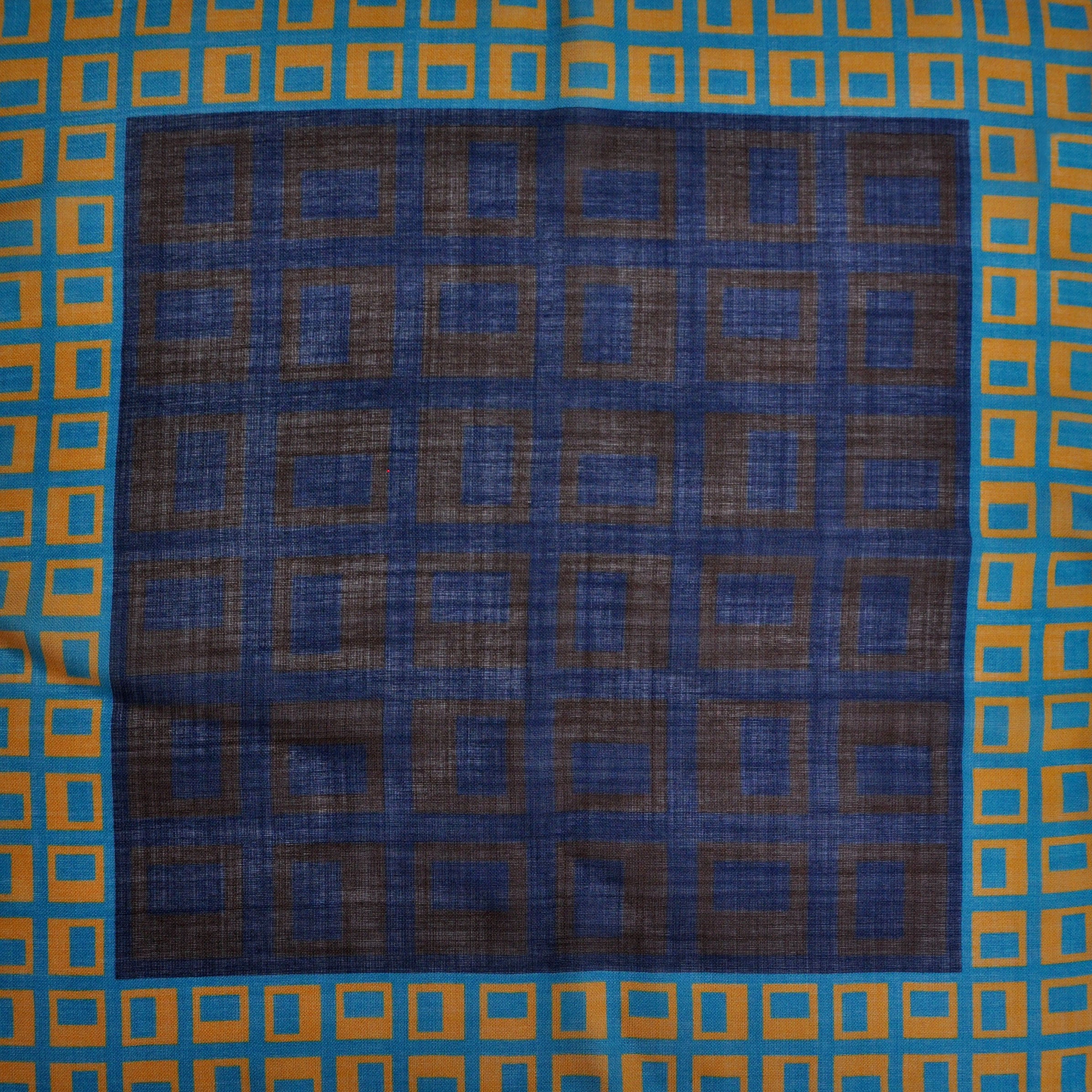 Geometric Squares Wool & Silk Pocket Square in Navy, Brown, Teal & Ochre