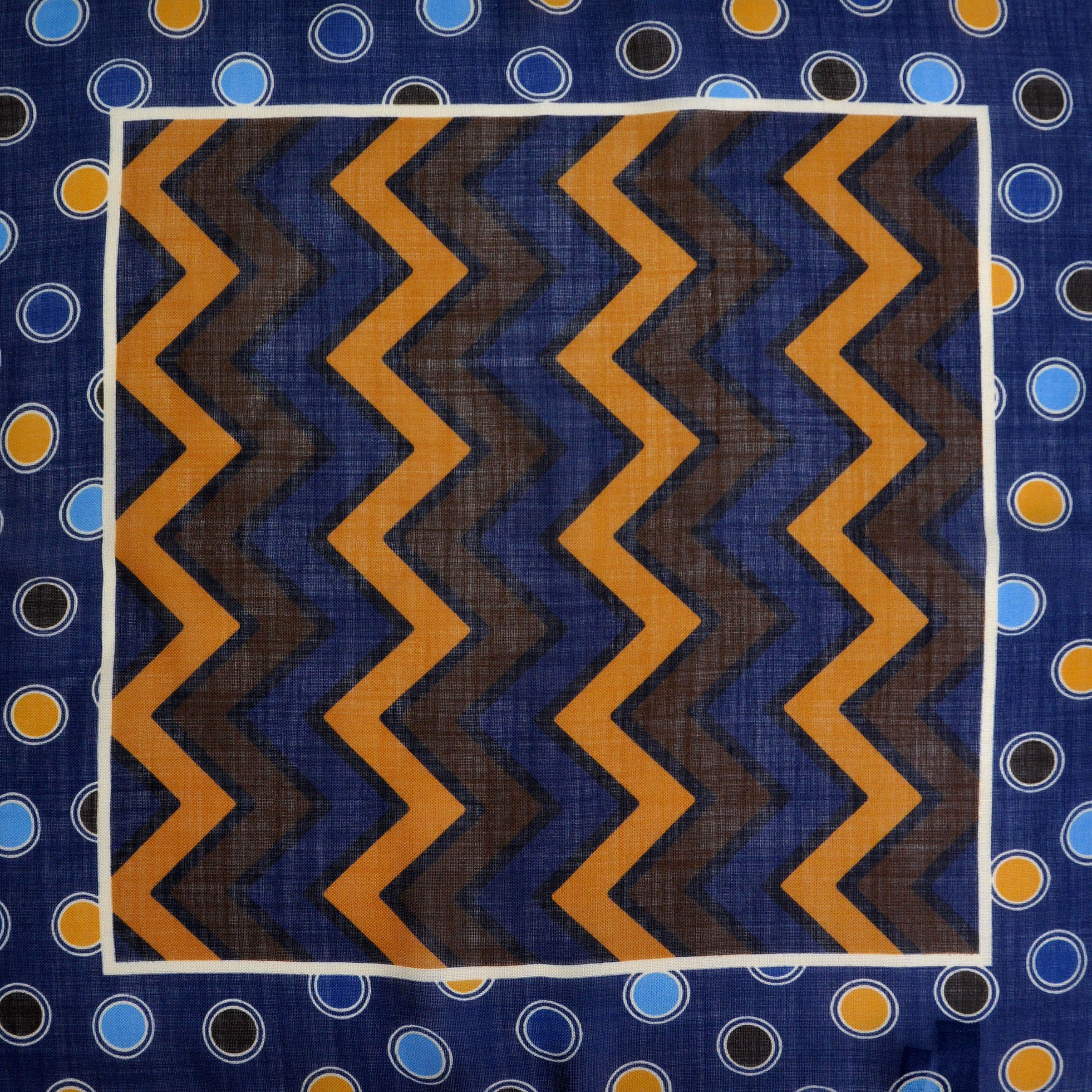 Chevrons & Spots Wool & Silk Pocket Square in Blue, Brown, Ochre & Navy